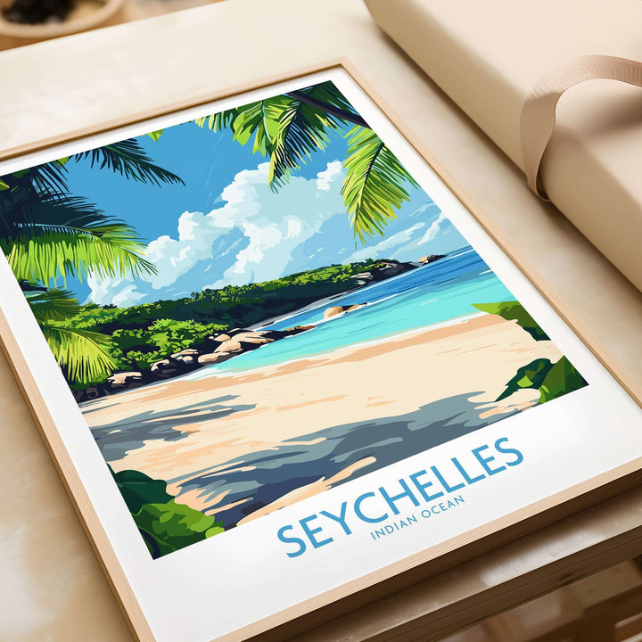 Seychelles print showcasing a tropical beach scene with palm trees and vibrant ocean, perfect for beach lovers.