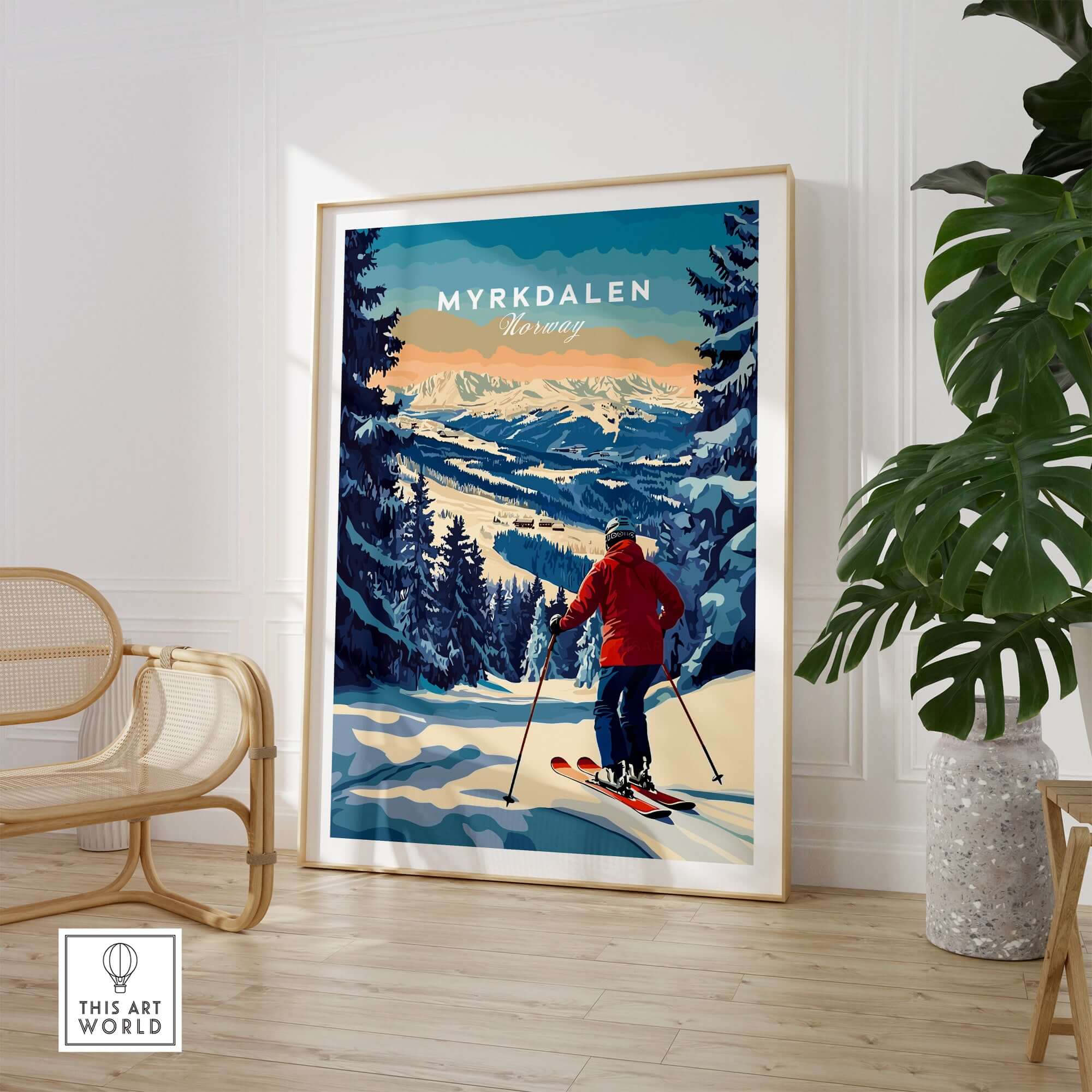 Myrkdalen Ski Poster featuring a skier in a snowy landscape, perfect for adventure lovers and home decor.