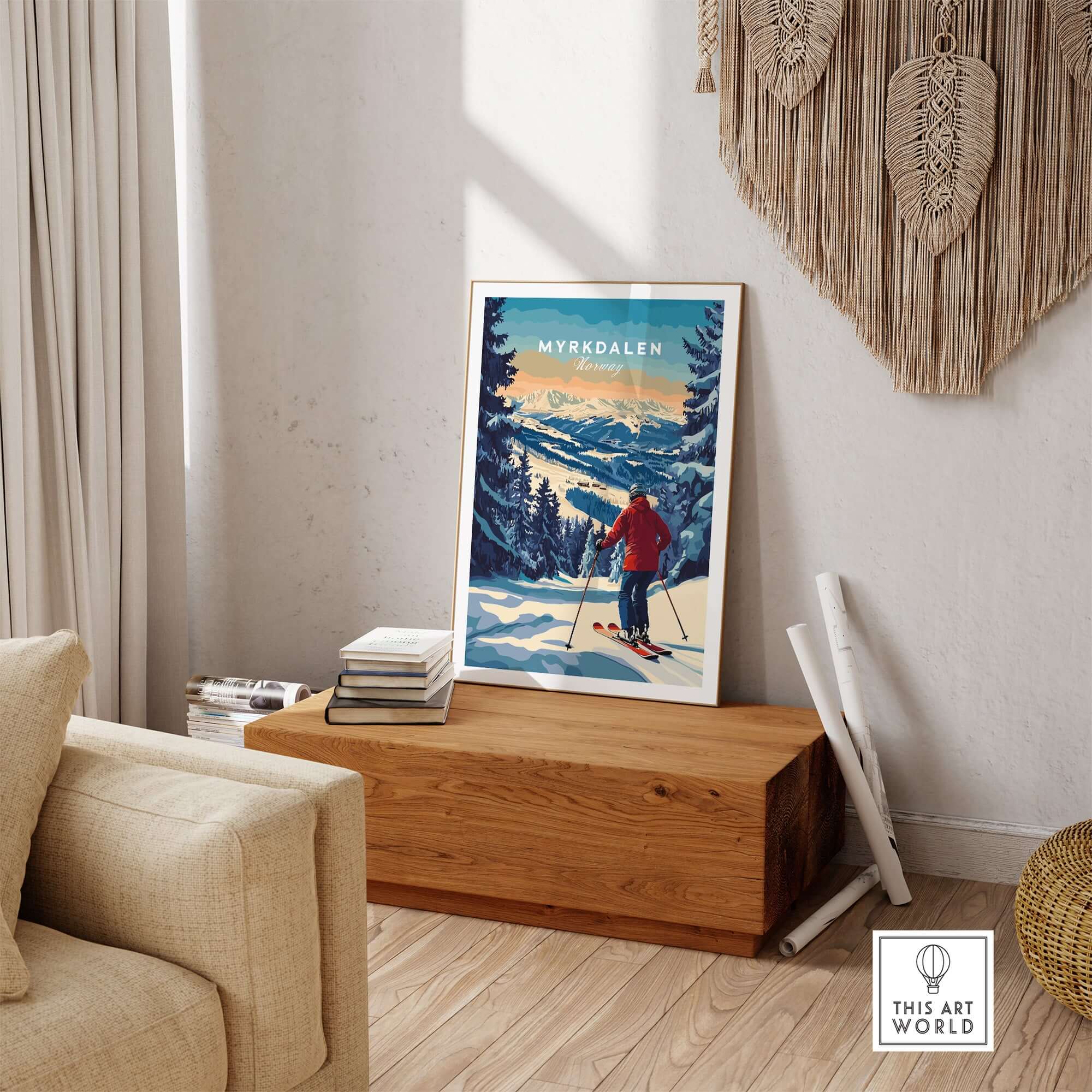 Myrkdalen Ski Poster showcasing a skier in snowy mountains, perfect for adventure lovers' home decor.