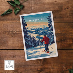 Myrkdalen ski poster featuring a skier on a snowy slope with stunning mountain backdrop, perfect for adventure lovers.