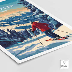 Myrkdalen Ski Poster featuring a skier navigating snowy trails in stunning mountain landscapes.