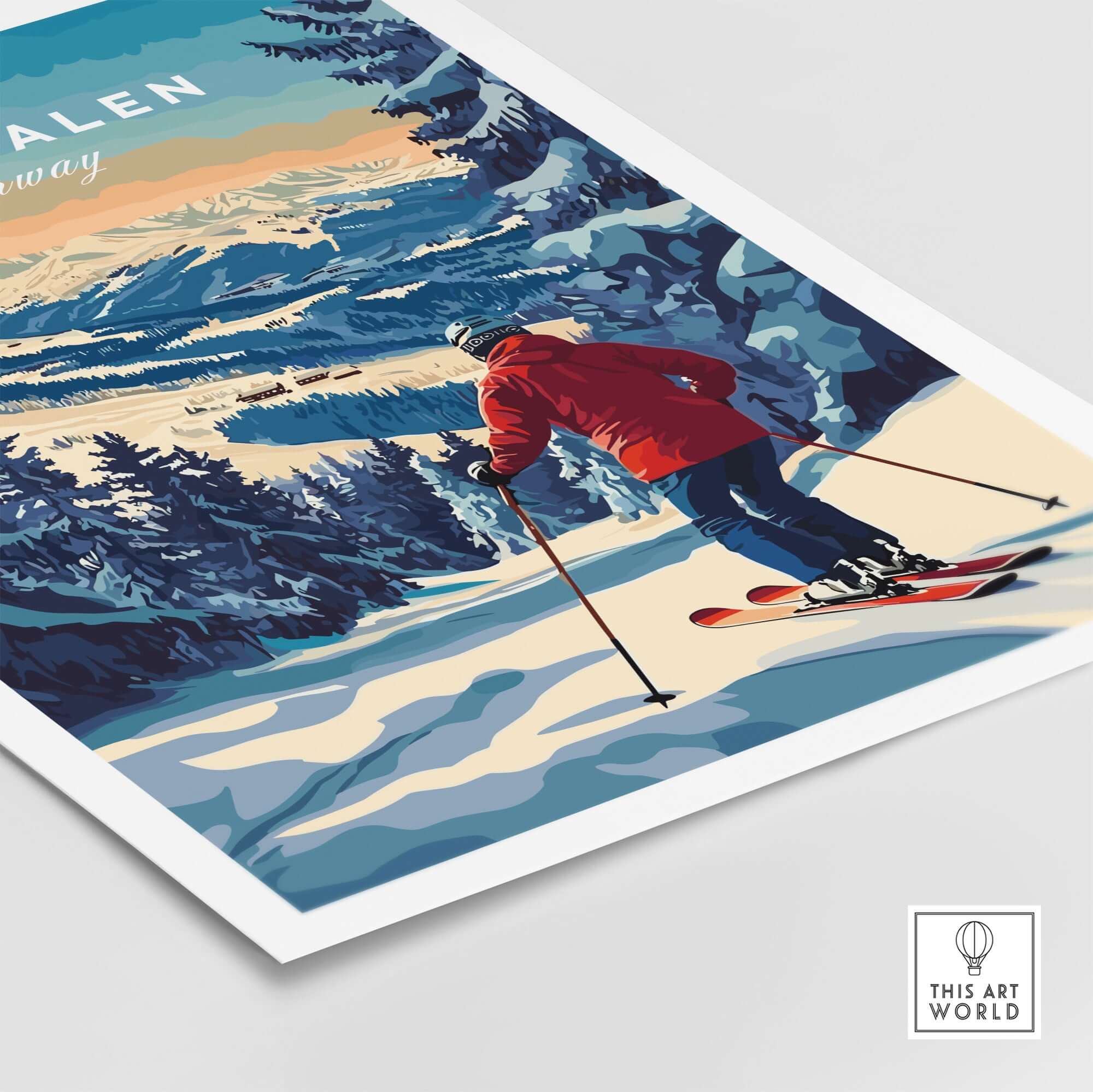 Myrkdalen Ski Poster featuring a skier navigating snowy trails in stunning mountain landscapes.