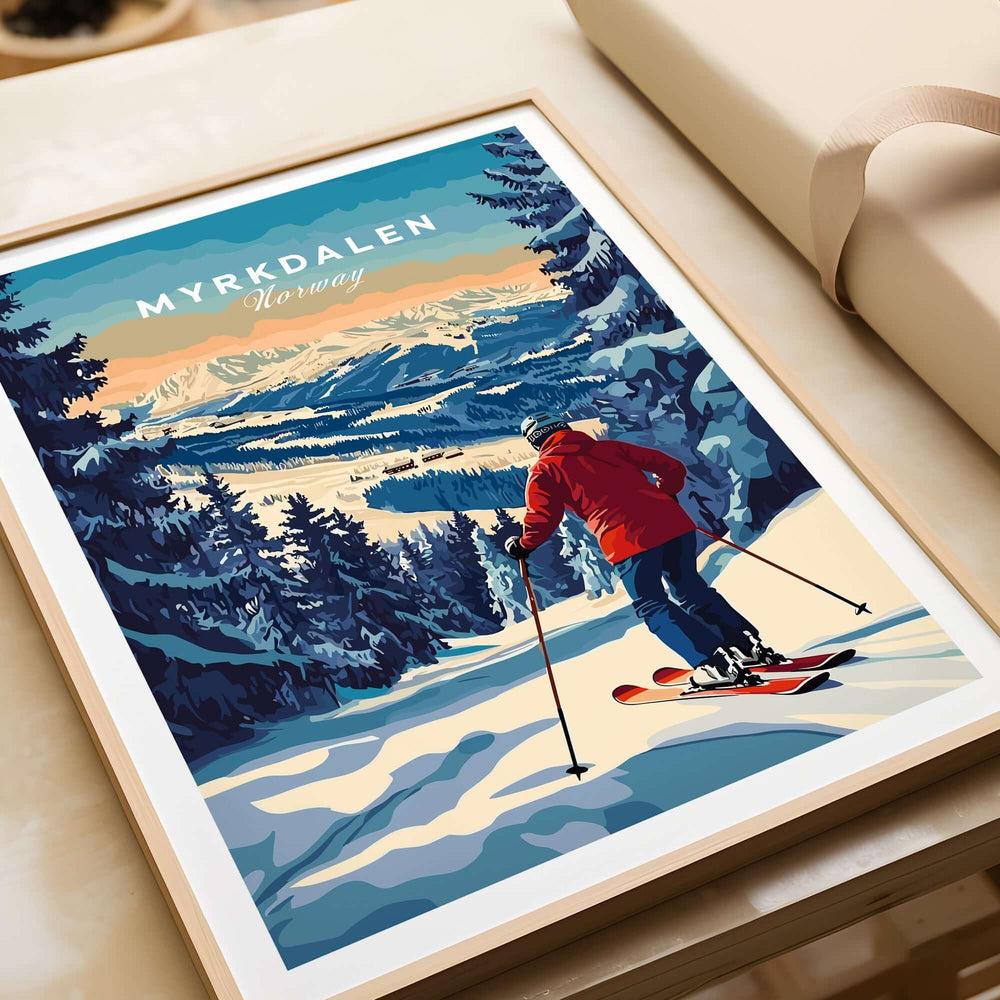 Myrkdalen Ski Poster showcasing a skier in scenic Norway mountains, perfect for adventure lovers' home decor.