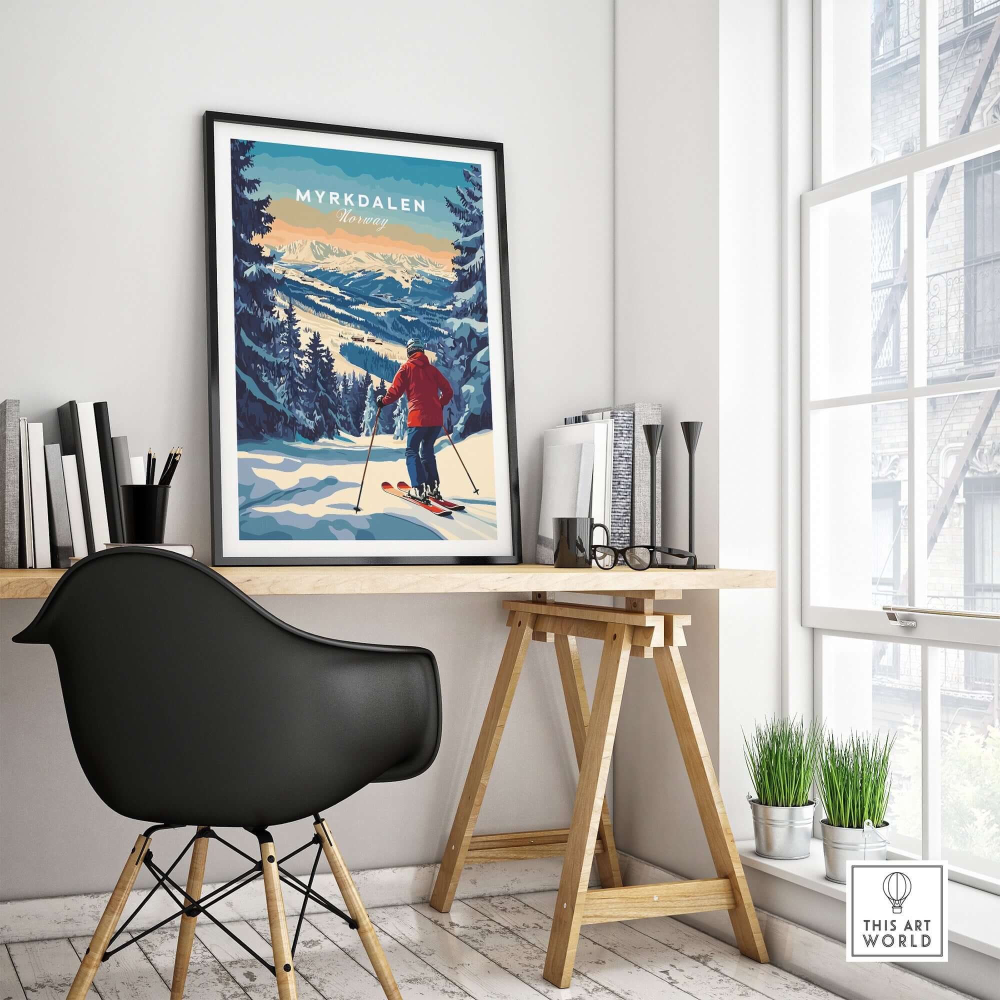 Myrkdalen ski poster in a modern home office, showcasing beautiful winter landscapes and a skier.