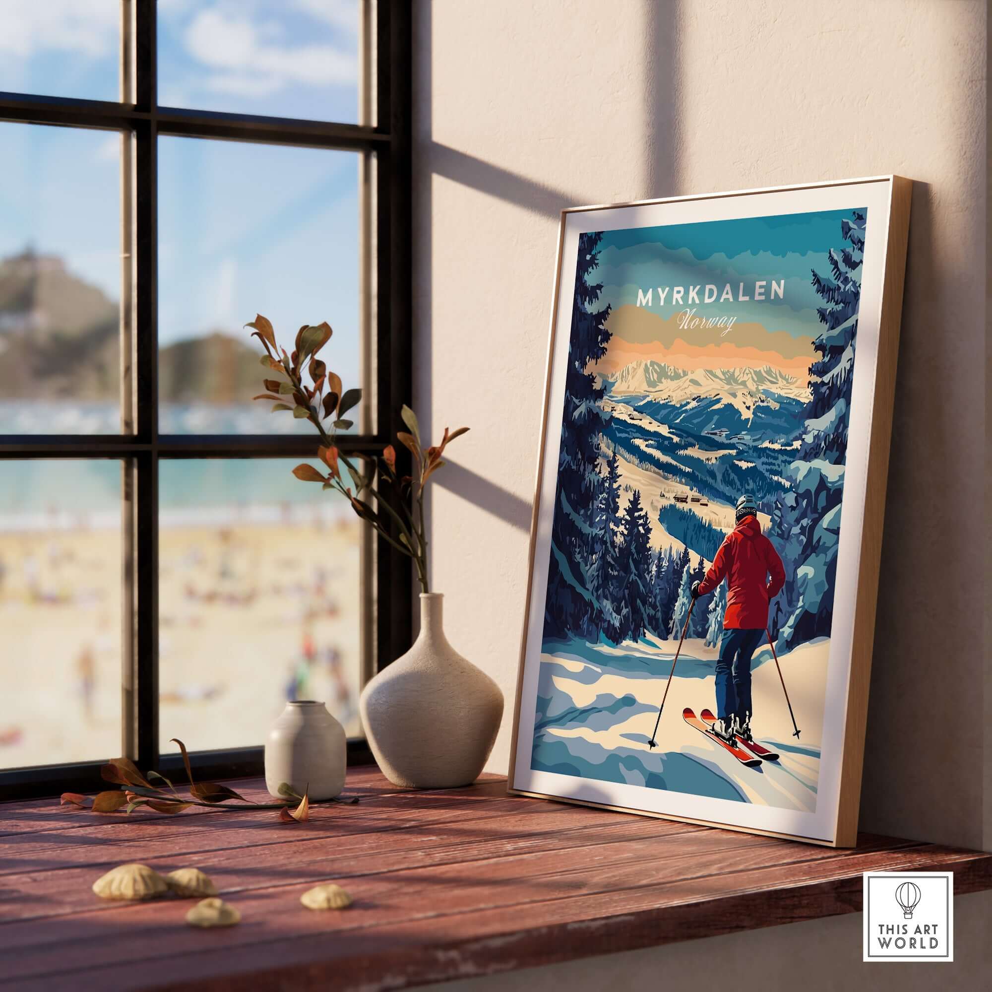 Myrkdalen Ski Poster showcasing a skier against stunning mountain landscapes, perfect for adventure lovers.