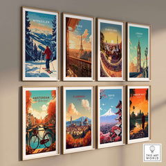 Colorful travel posters including Myrkdalen ski, Paris, London, and more, showcasing iconic landmarks and adventures.