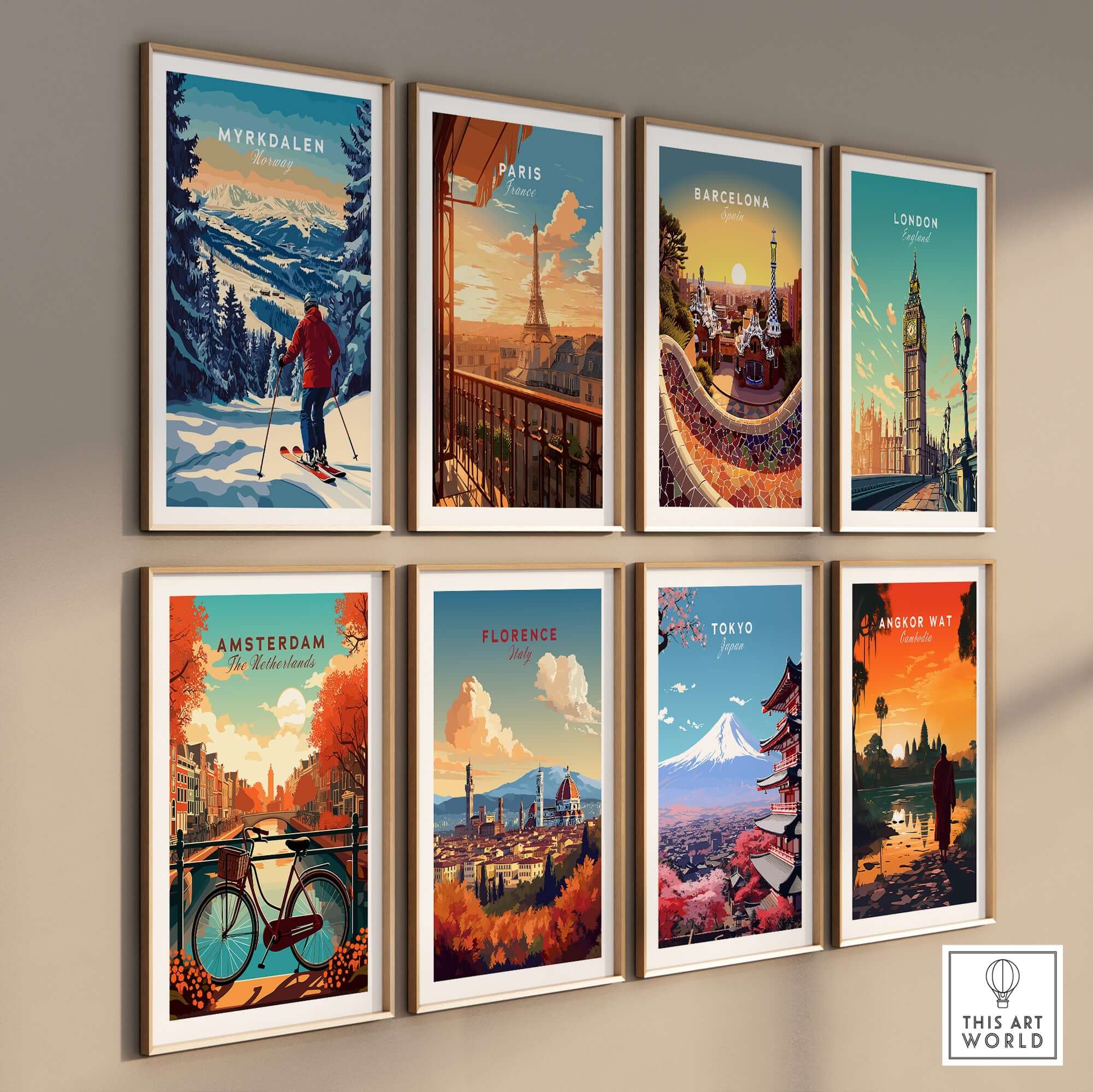 Colorful travel posters including Myrkdalen ski, Paris, London, and more, showcasing iconic landmarks and adventures.