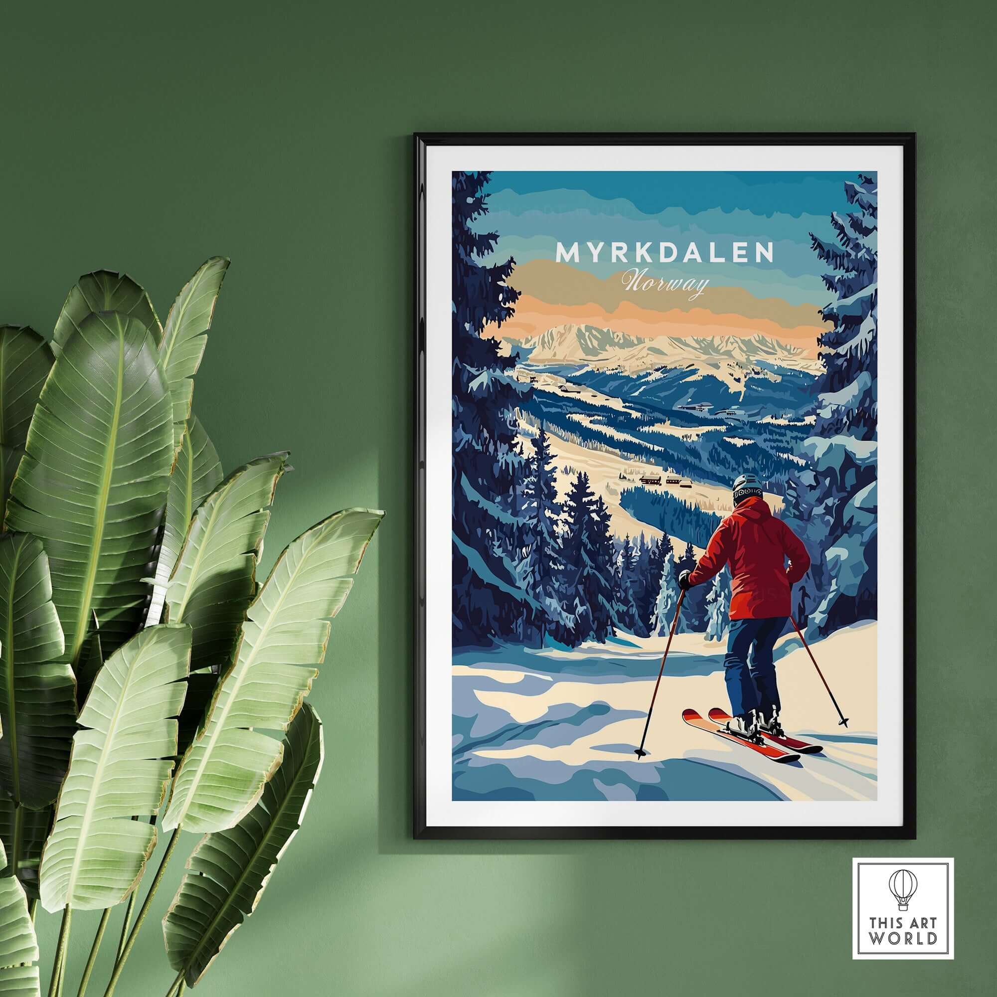Myrkdalen Ski Poster with a skier on snow-covered trails, showcasing beautiful Norwegian mountain scenery.