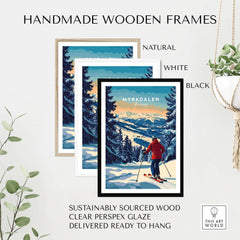 Handmade wooden frames in natural, white, and black for Myrkdalen Ski Poster, sustainably sourced and ready to hang.