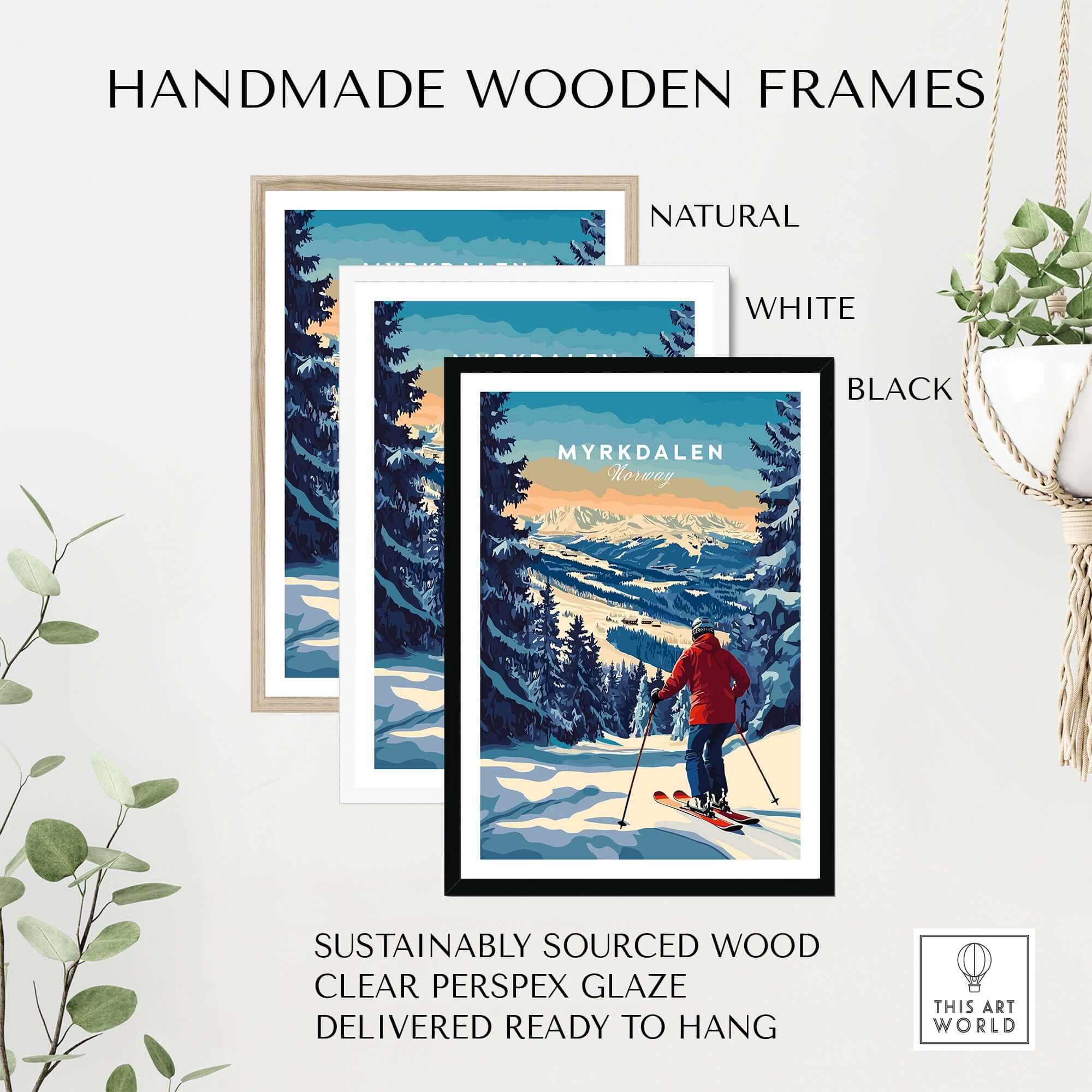 Handmade wooden frames in natural, white, and black for Myrkdalen Ski Poster, sustainably sourced and ready to hang.