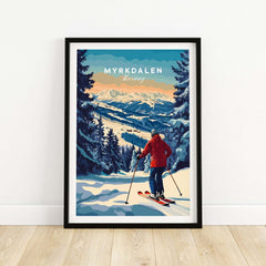 Myrkdalen Ski Poster featuring a skier against a stunning mountain backdrop in Norway, perfect for adventure enthusiasts.