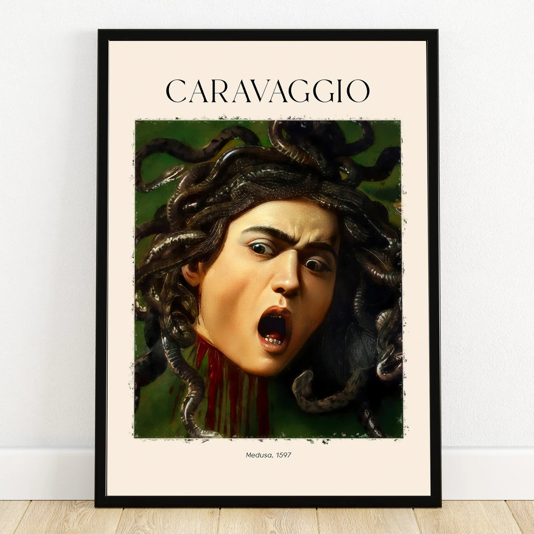 Caravaggio Medusa art print with black frame, featuring snake hair and dramatic expression