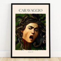 Caravaggio Medusa art print with black frame, featuring snake hair and dramatic expression