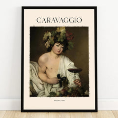Framed Caravaggio Bacchus 1596 art print with classical portrait and wine theme wall decor