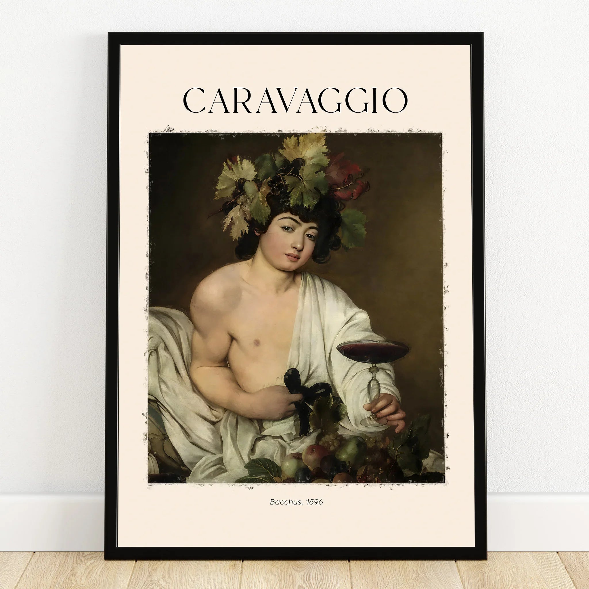 Framed Caravaggio Bacchus 1596 art print with classical portrait and wine theme wall decor