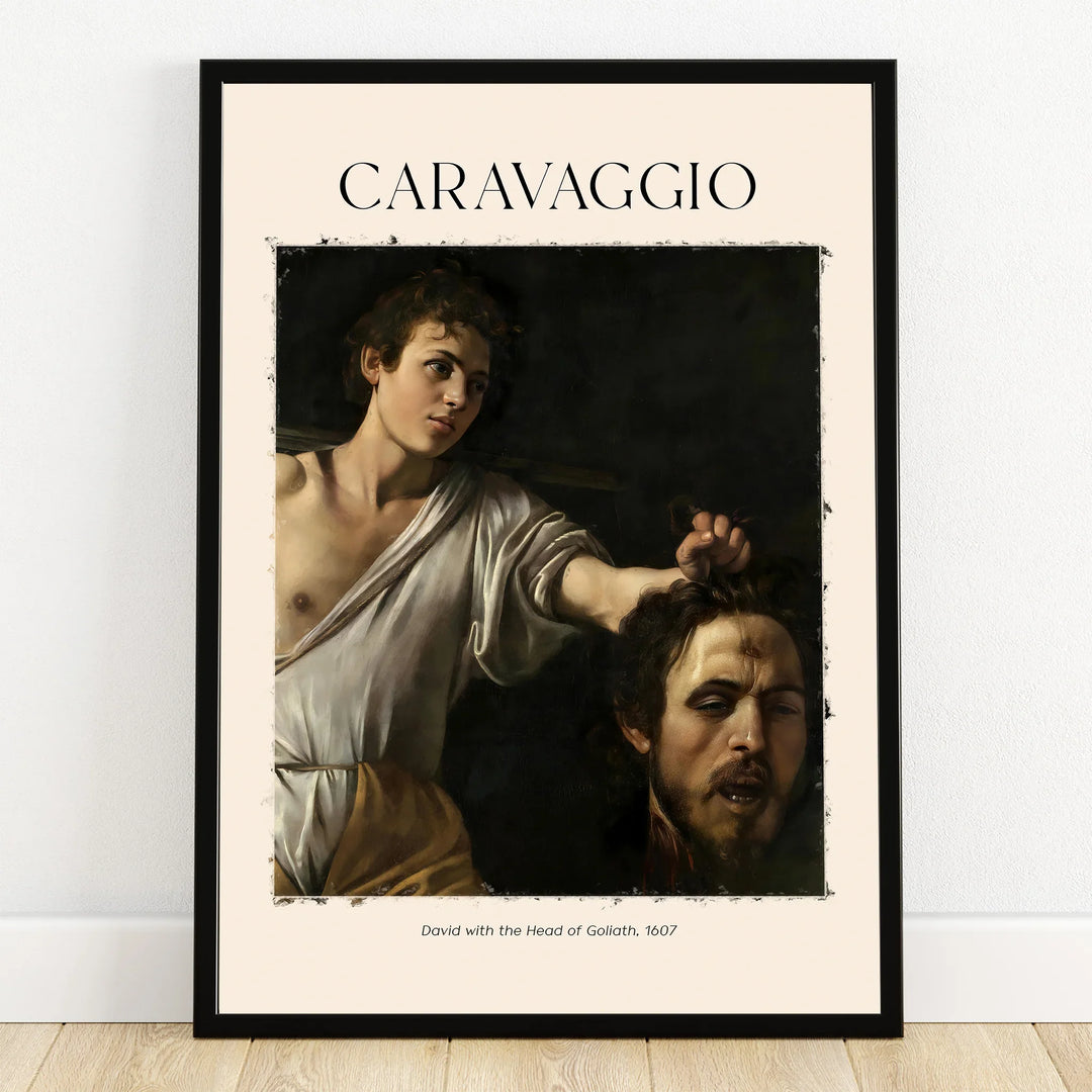 Framed Caravaggio art print showing David with the Head of Goliath for home decor