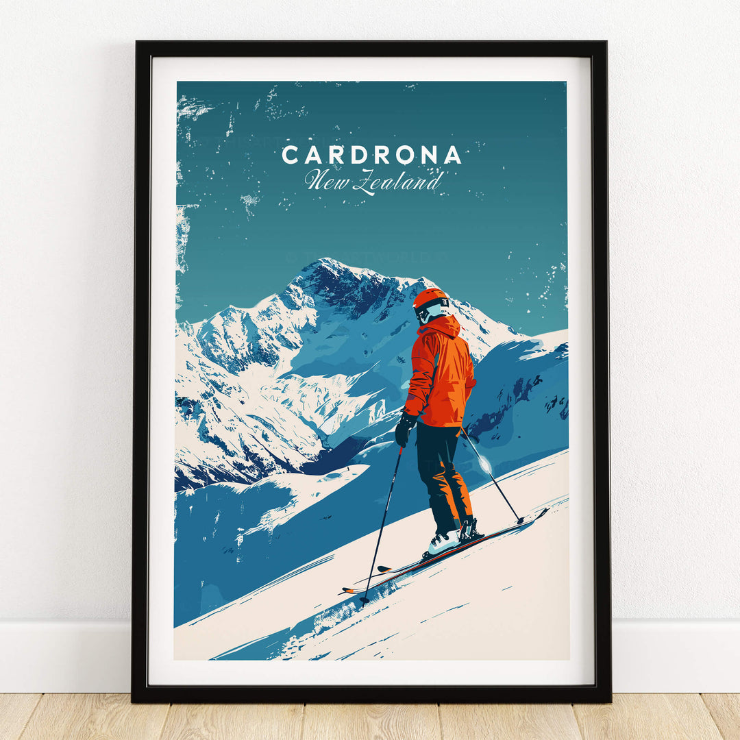 Cardrona Travel Poster - New Zealand featuring a skier in a beautiful snowy landscape.