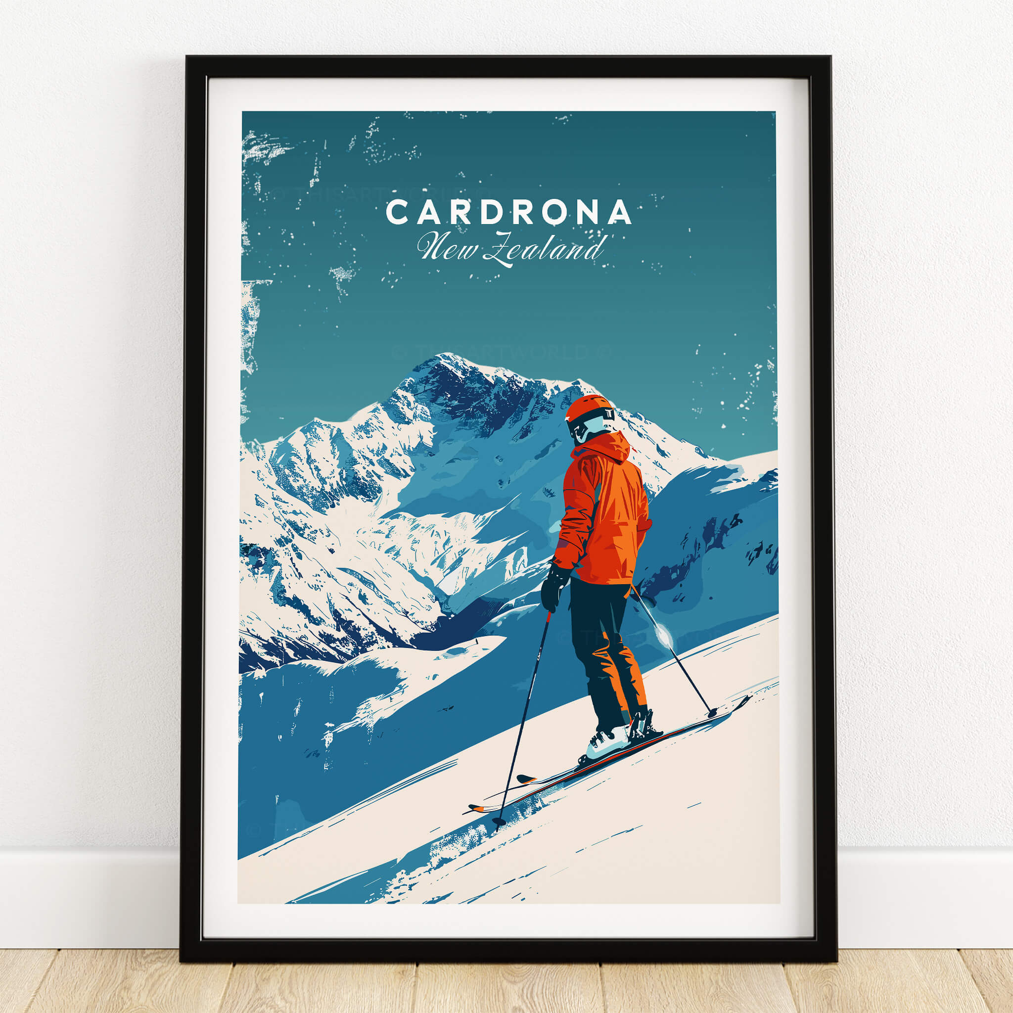 Cardrona Travel Poster - New Zealand featuring a skier in a beautiful snowy landscape.