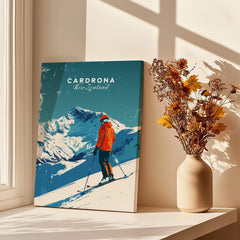 Cardrona Travel Poster -  New Zealand showcasing a skier in the stunning Cardrona ski resort.