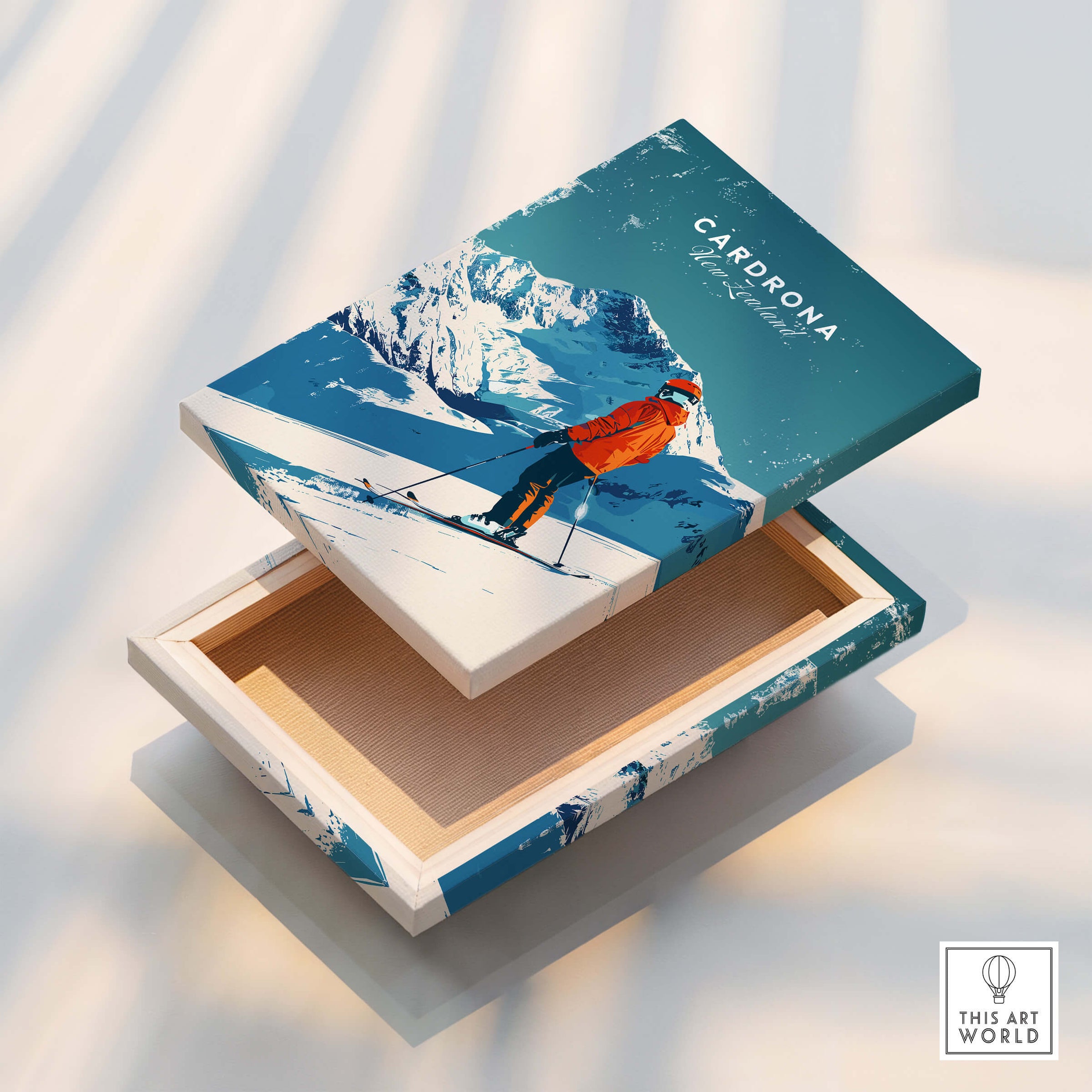 Cardrona Travel Poster -  New Zealand displayed on a wooden box, showcasing the Cardrona ski resort with vibrant colors.