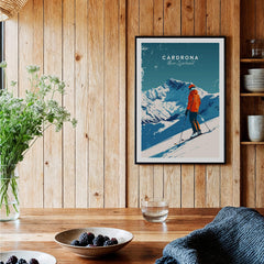 Cardrona Travel Poster - New Zealand showcasing a skier on slopes with mountains, perfect for ski enthusiasts.