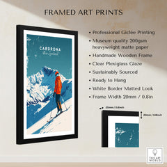 Cardrona Travel Poster - New Zealand framed art print featuring a skier in a picturesque snowy landscape.