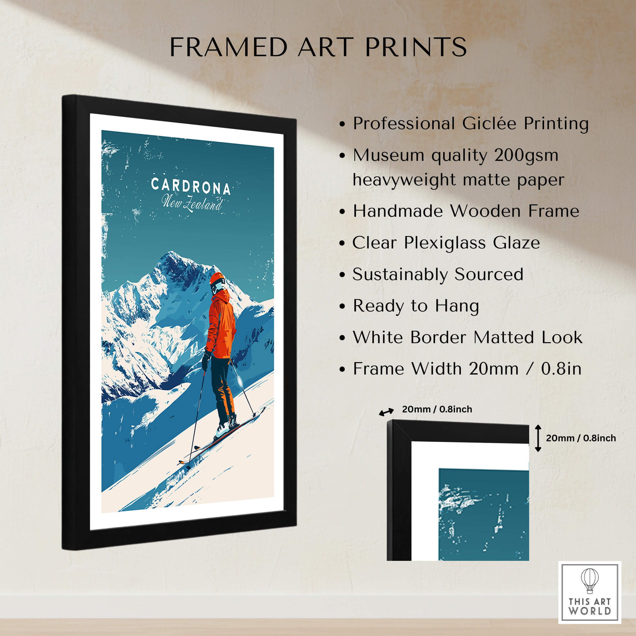 Cardrona Travel Poster - New Zealand framed art print featuring a skier in a picturesque snowy landscape.