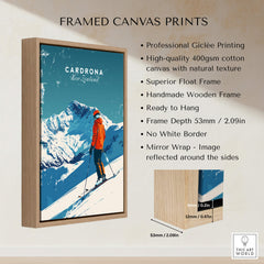 Cardrona Travel Poster - New Zealand framed canvas print showcasing a skier in the Cardrona ski resort.