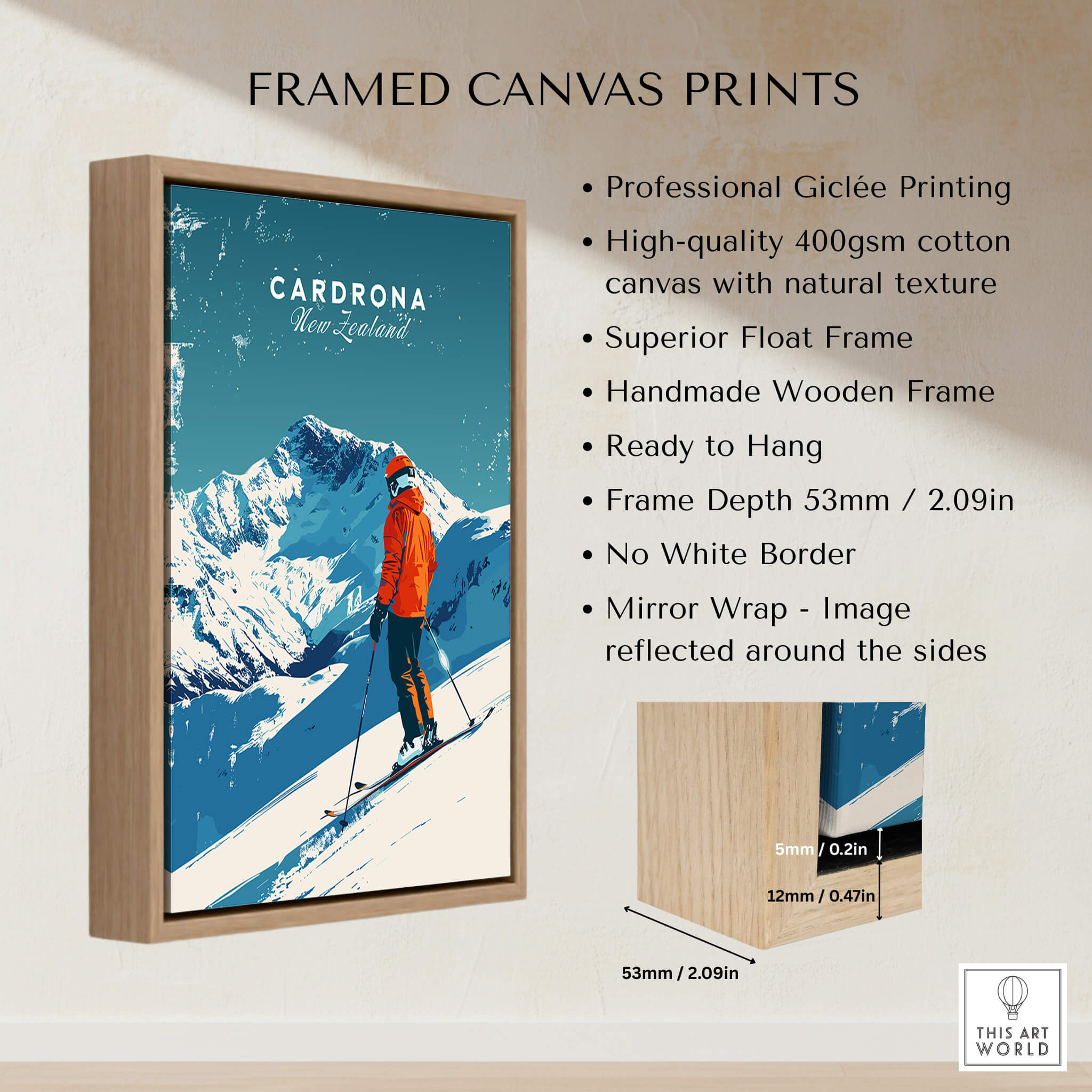 Cardrona Travel Poster - New Zealand framed canvas print showcasing a skier in the Cardrona ski resort.