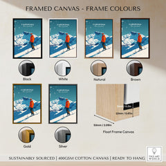 Framed canvas options for Cardrona Travel Poster - New Zealand showcasing different frame colors and sizes.