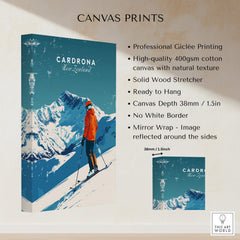 Cardrona Travel Poster -  New Zealand displayed on canvas print showcasing ski resort and snowy mountains.