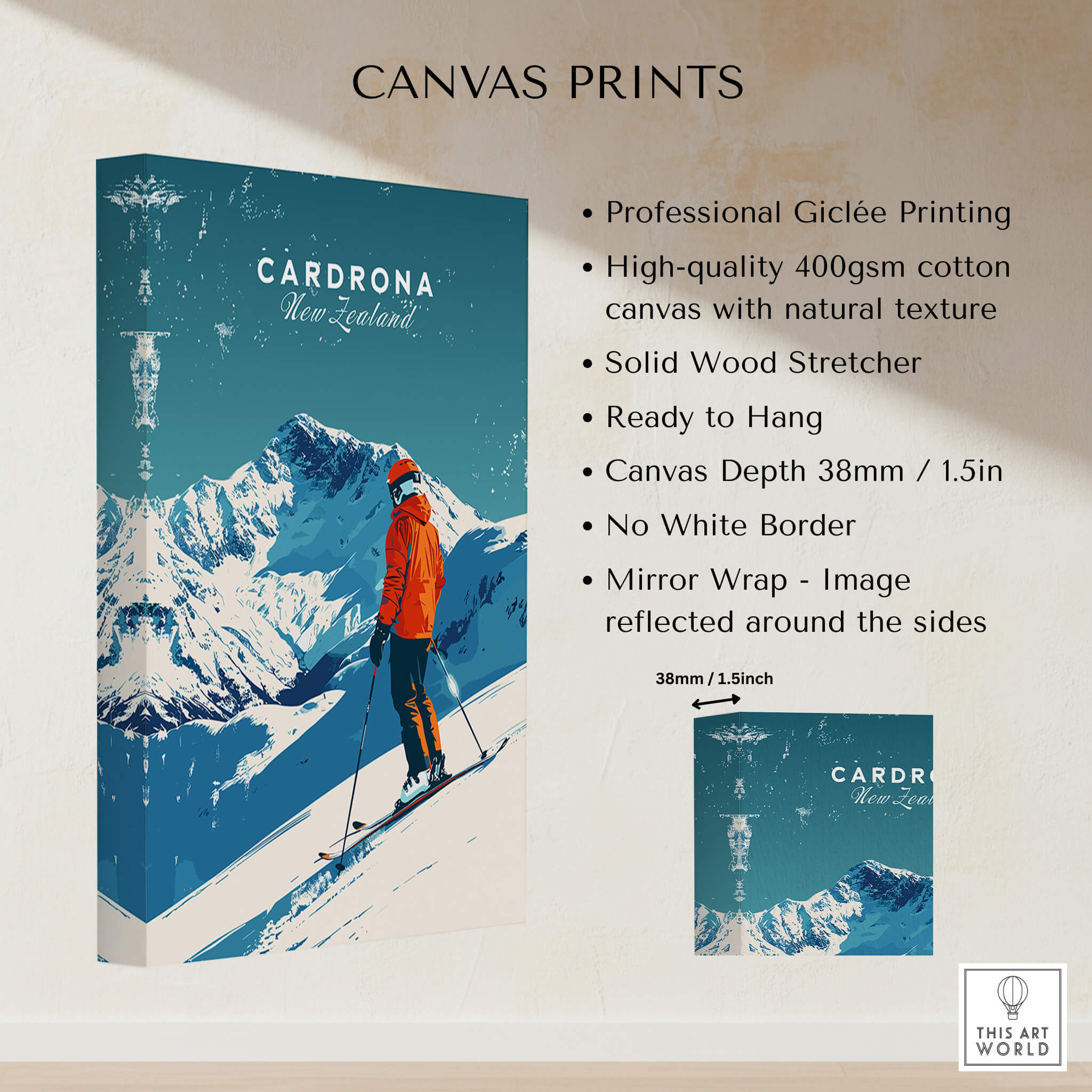 Cardrona Travel Poster -  New Zealand displayed on canvas print showcasing ski resort and snowy mountains.