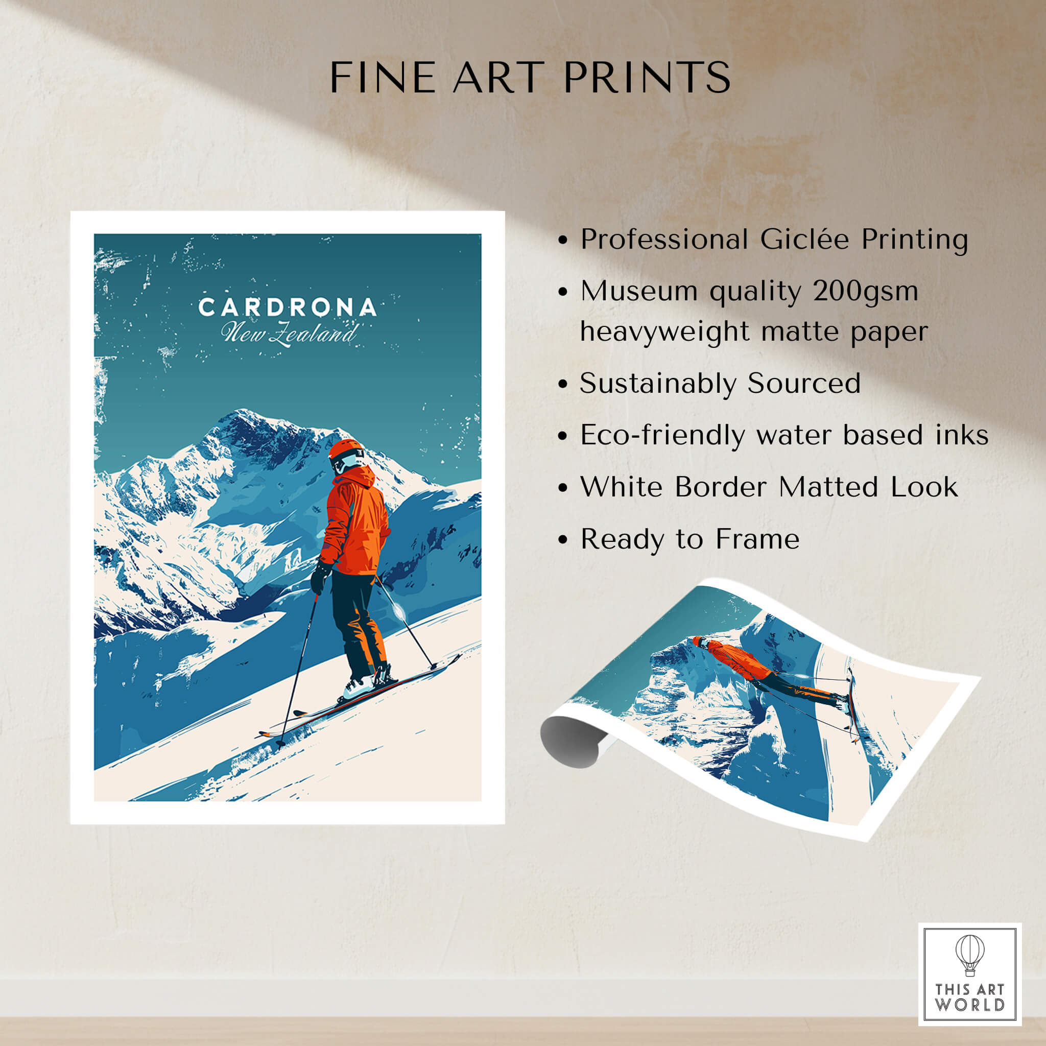 Cardrona Travel Poster - New Zealand featuring skier against stunning mountain backdrop, perfect for home decor.