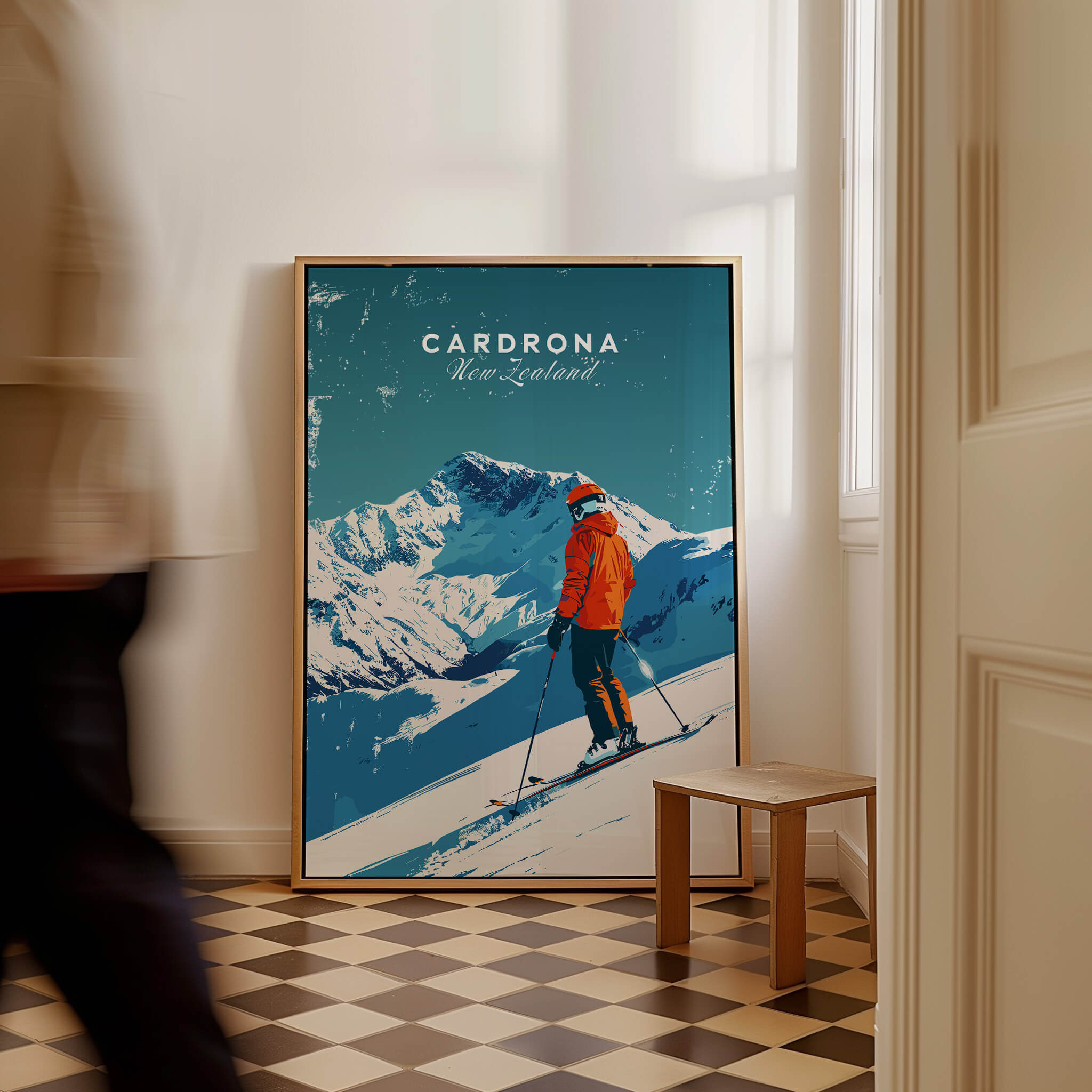 Cardrona Travel Poster - New Zealand showcasing a skier against stunning snowy mountains.