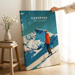 Cardrona Travel Poster - New Zealand featuring a skier against a stunning mountain backdrop.