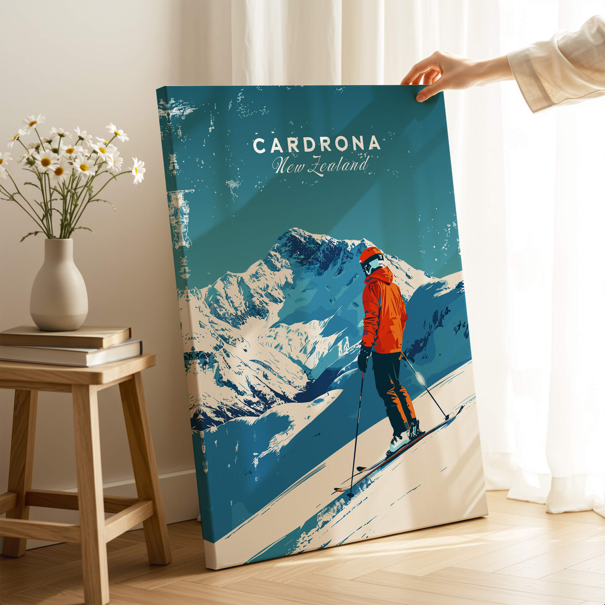Cardrona Travel Poster - New Zealand featuring a skier against a stunning mountain backdrop.