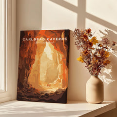 Carlsbad Caverns National Park art print on windowsill with vase of yellow dried flowers