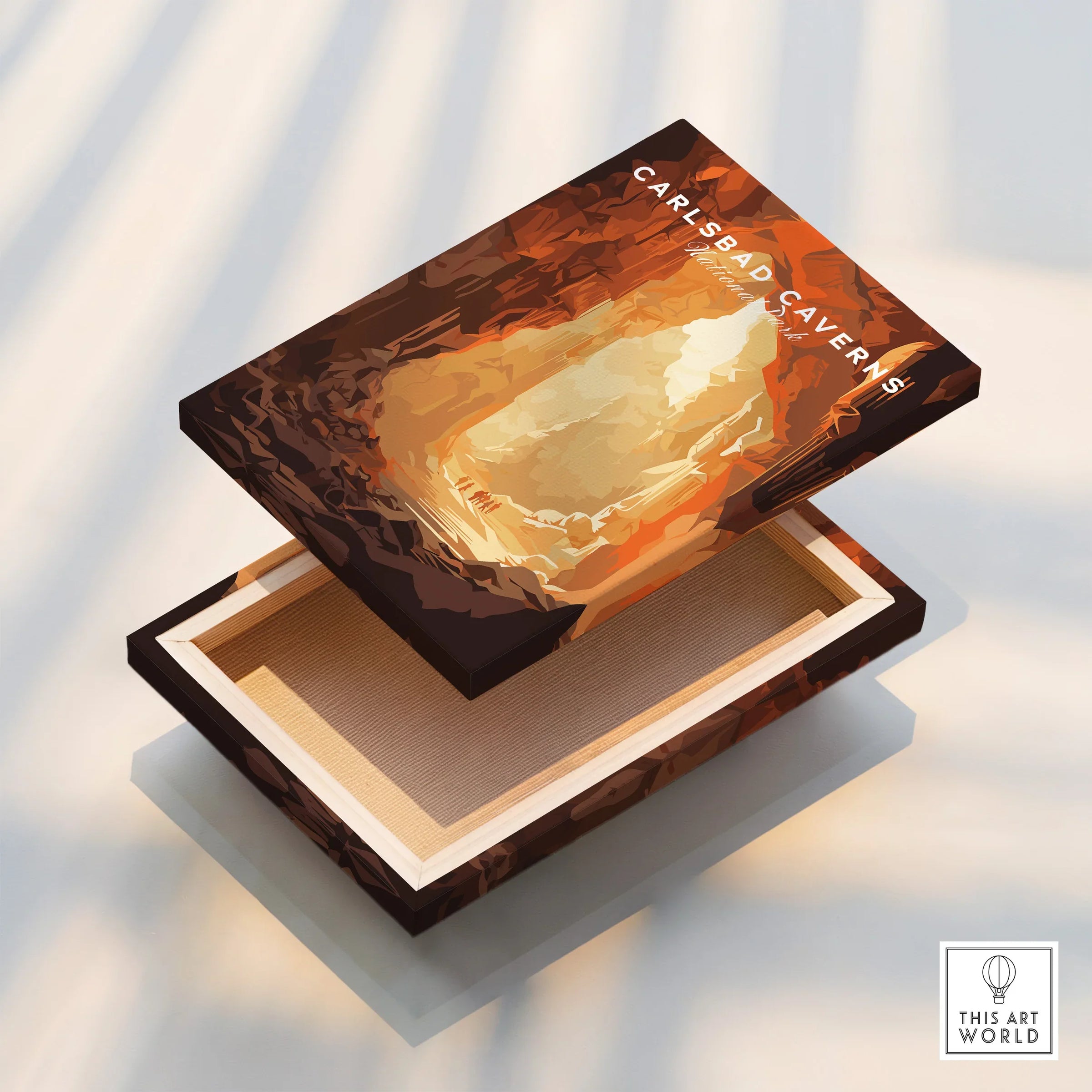Carlsbad Caverns wall art print with cave illustration on a floating canvas box.