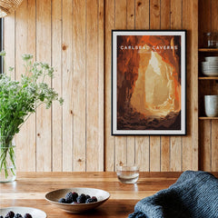 Carlsbad Caverns National Park art print in black frame, displayed in cozy kitchen decor.