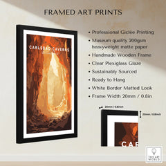 Framed Carlsbad Caverns National Park art print with black frame and product details list.