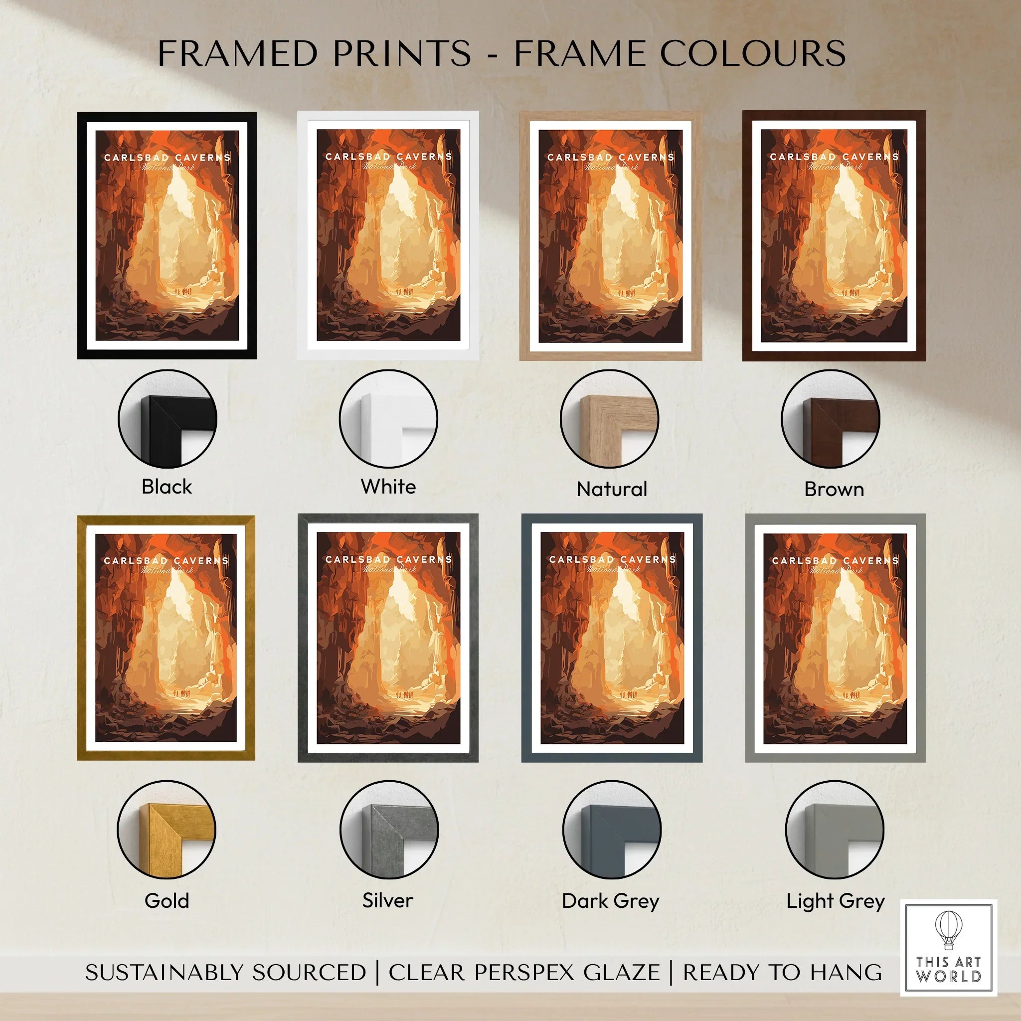 Carlsbad Caverns travel poster wall art shown in eight frame color options.