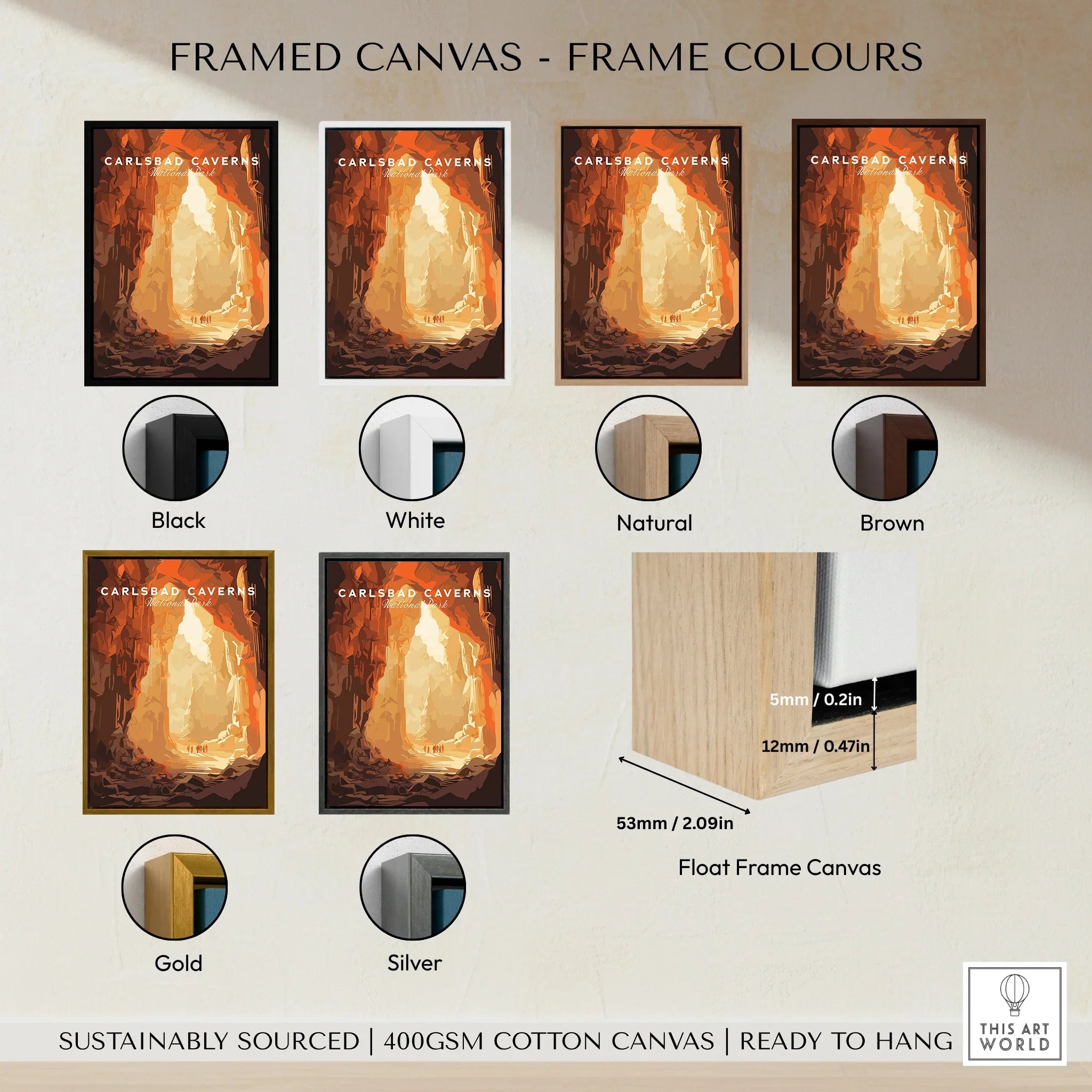 Carlsbad Caverns framed canvas travel poster in six frame color options, wall art decor.