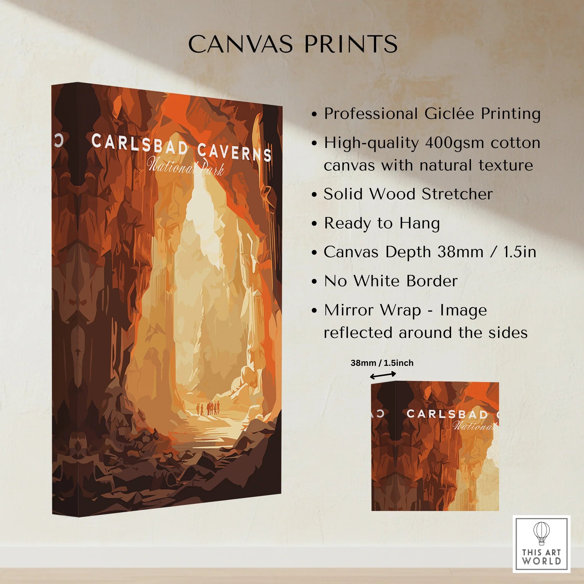 Carlsbad Caverns National Park canvas print with warm cave artwork and product details