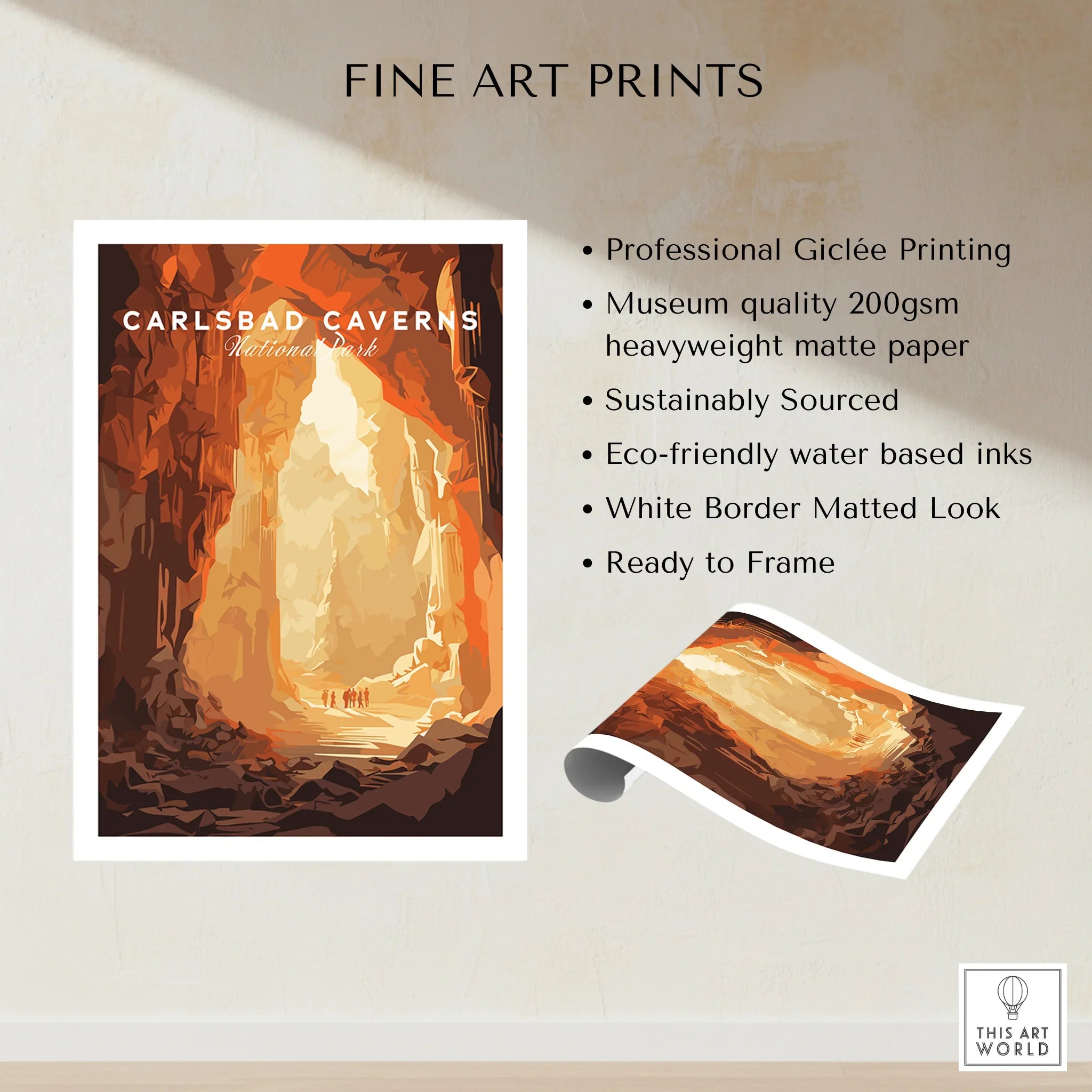 Carlsbad Caverns National Park art print with orange cave illustration and white border.