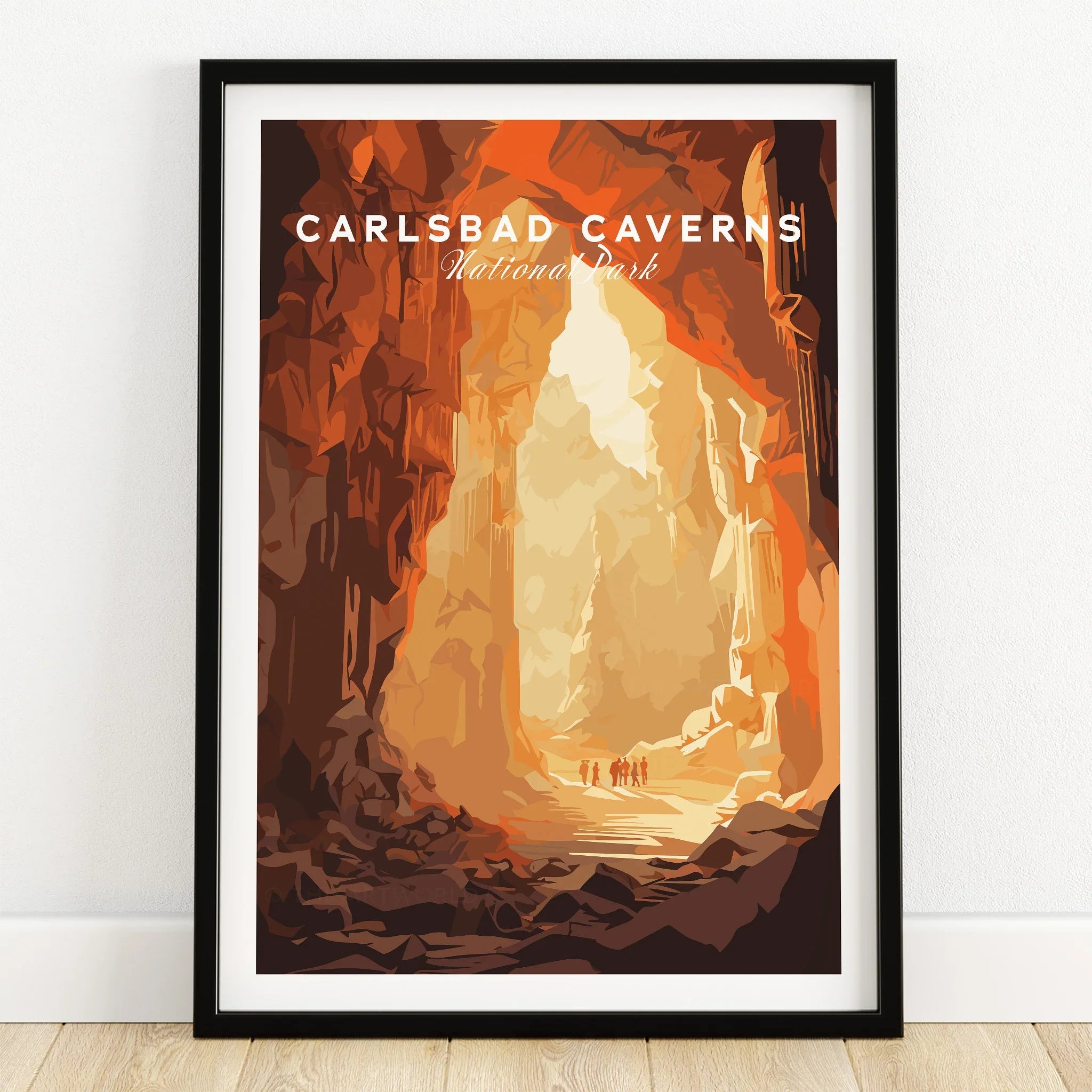 Carlsbad Caverns National Park art print in black frame on wooden floor