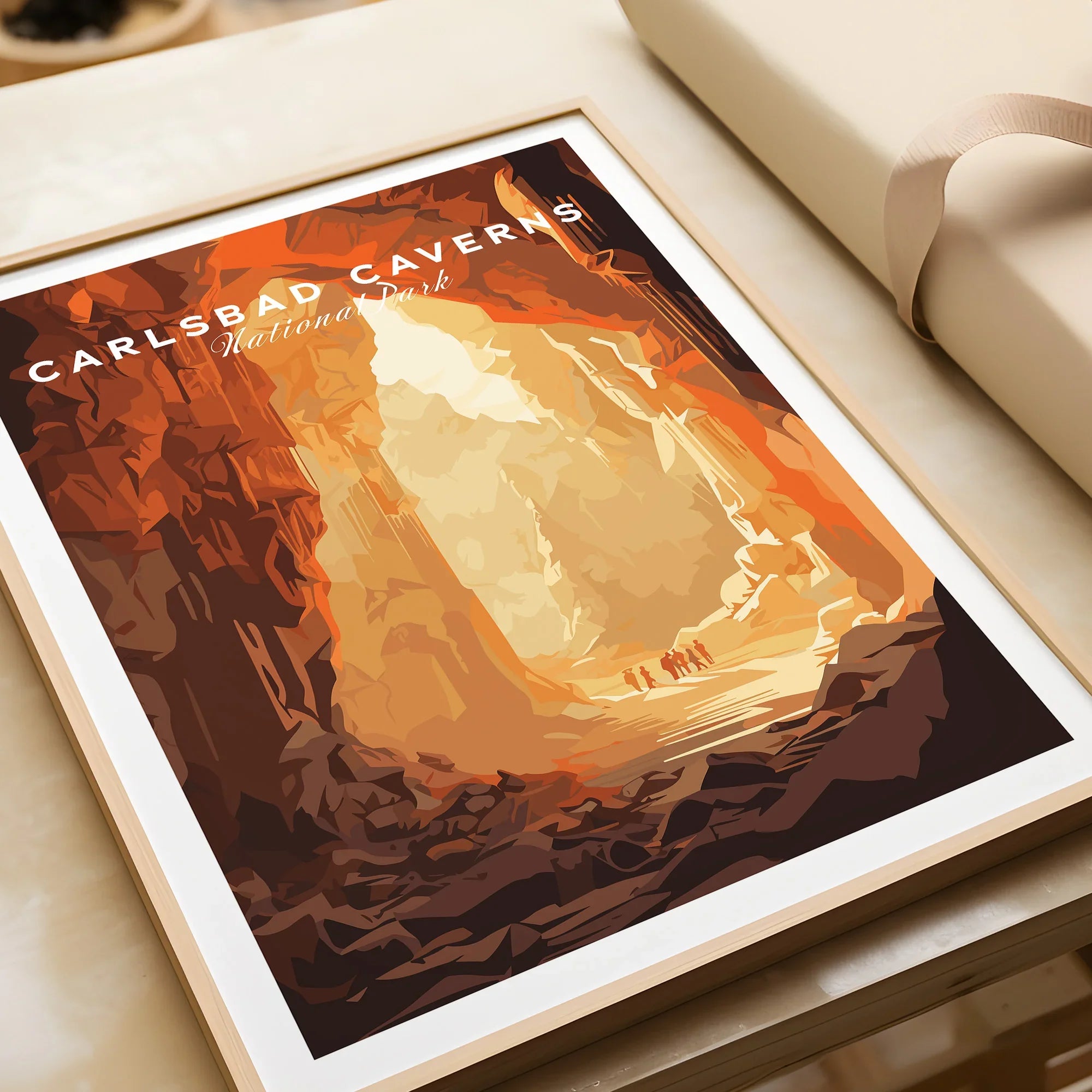 Carlsbad Caverns National Park travel poster art print in natural wood frame, unwrapped gift