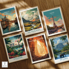 Set of six framed travel art prints featuring Venice, Paris, Highlands, Singapore, Carlsbad Caverns, and Sri Lanka on a wooden floor.