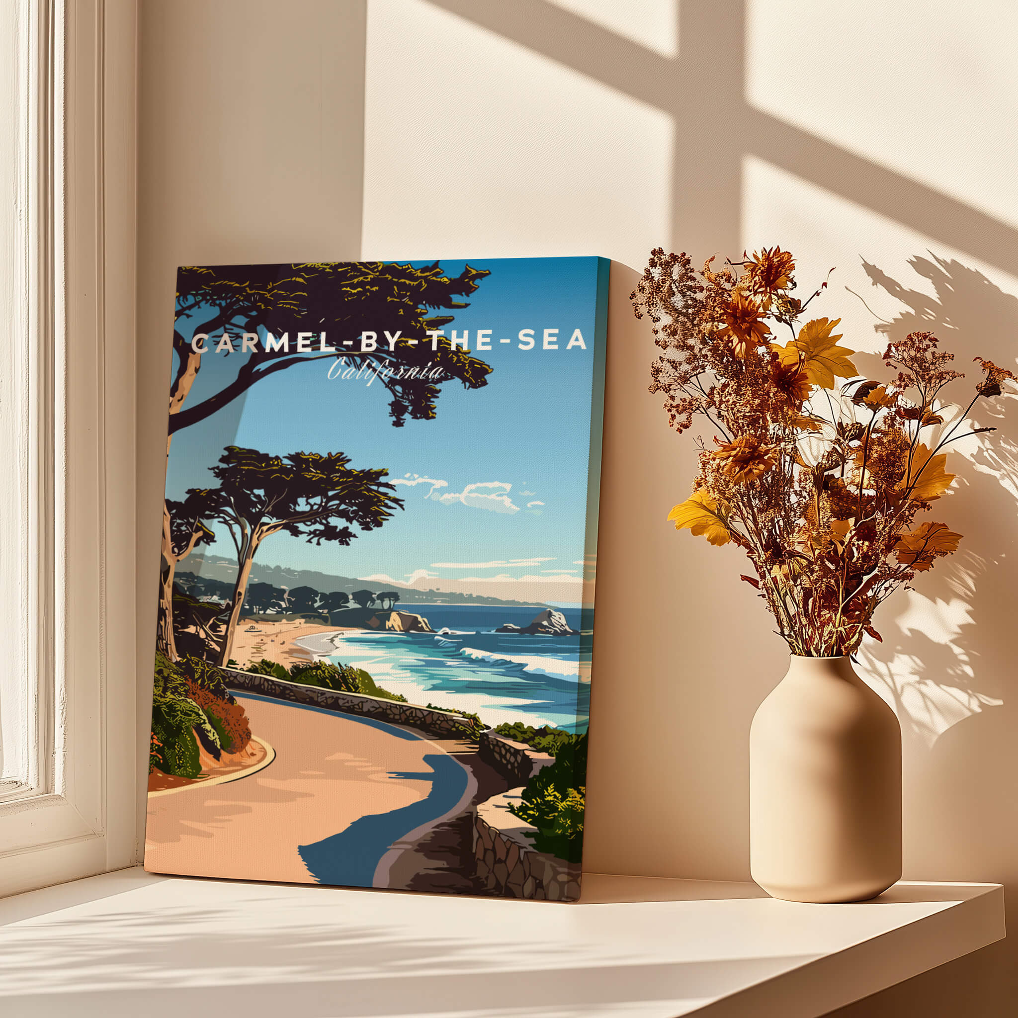 Carmel-by-the-Sea Poster Print showcasing a beautiful coastal landscape with vibrant colors.
