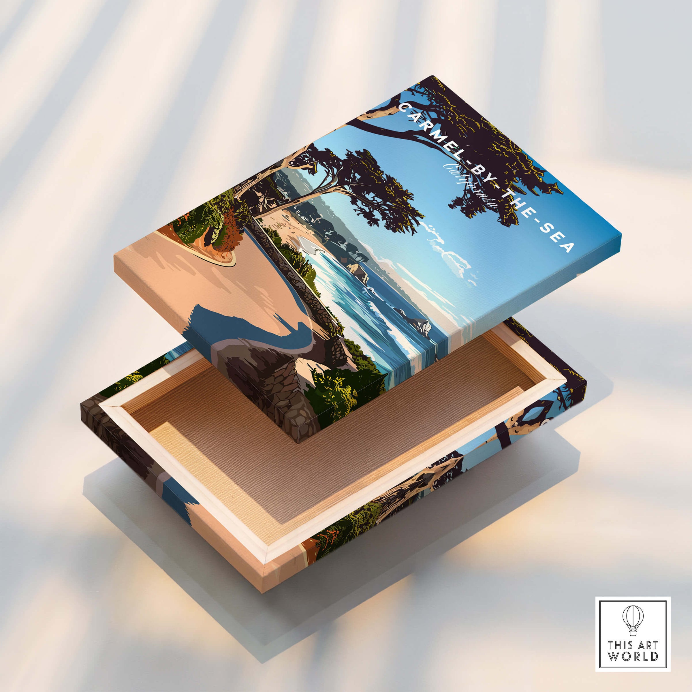 Carmel-by-the-Sea Poster Print design on a decorative box showcasing California's coastal beauty.