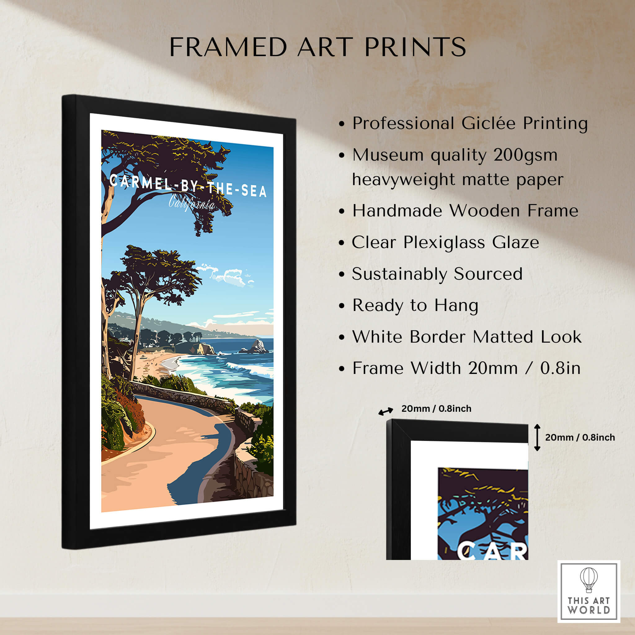 Carmel-by-the-Sea Poster Print framed art showcasing clear plexiglass glaze and high-quality printing details.
